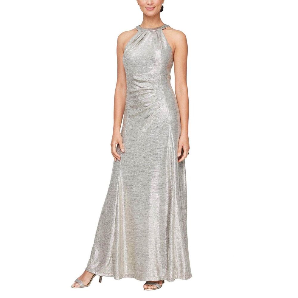 Alex Evenings Halter Neck Metallic Knit Dress Evening Gown Size 14
